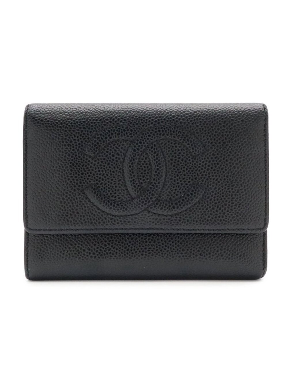 Chanel CC Logo 3 Folding Wallet Trifold Caviar Leather Black Gold